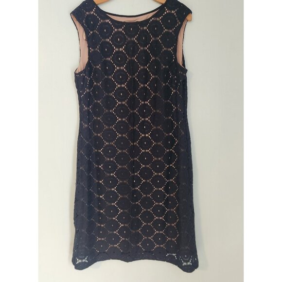 JESSICA HOWARD Navy Blue Tan Eyelet Dress Sheath Lace Knee Length Stretch Sz 14 - Picture 3 of 12